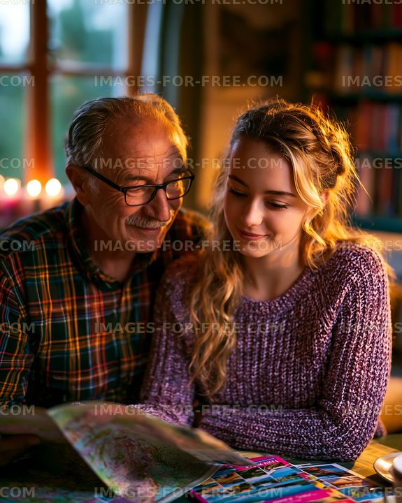 Elderly man and young woman looking at a map in a cozy room