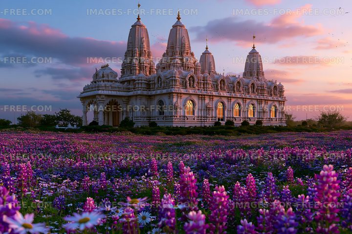 Historic temple surrounded by colorful flowers at sunset