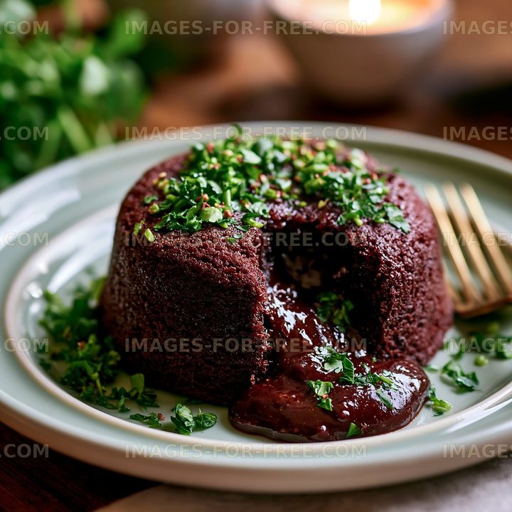 Chocolate cake with melting center garnished with herbs