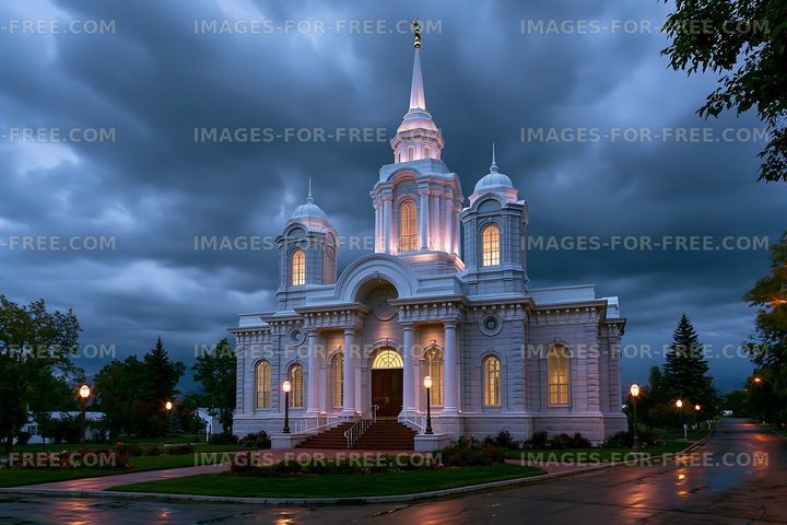 Church building with lights on during a cloudy evening
