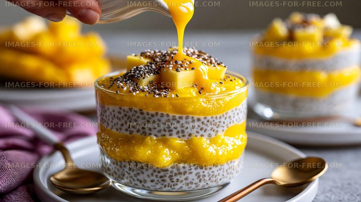 Chia seed pudding with mango topping and cubes