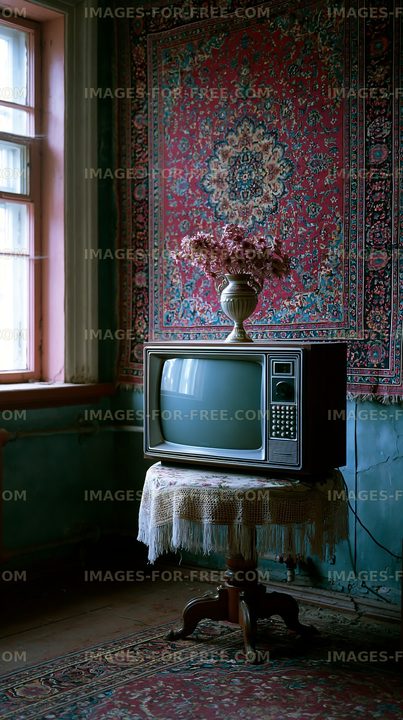 Old television on a table with flowers in a room