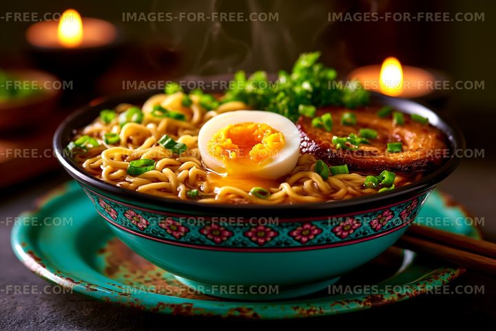Hot bowl of ramen with egg and meat served on table
