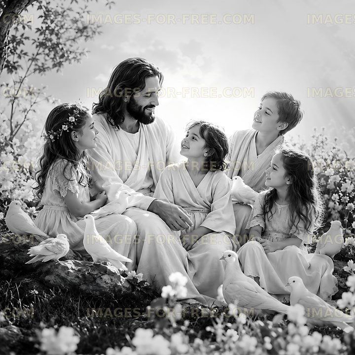 Children with person sitting in flowers with doves around them
