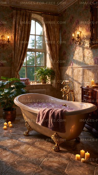 Relaxation scene in a vintage bathroom with candles and plants