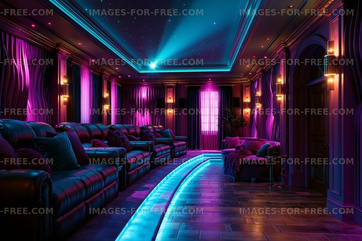 Home theater with purple lighting and comfortable seating