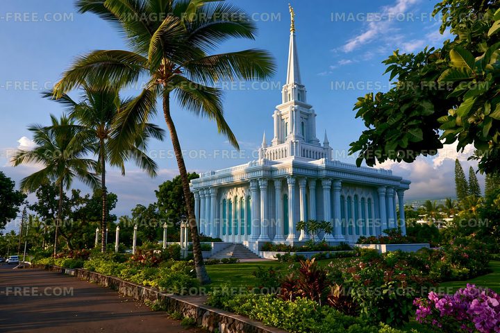 Sunlight illuminates a temple surrounded by trees and flowers