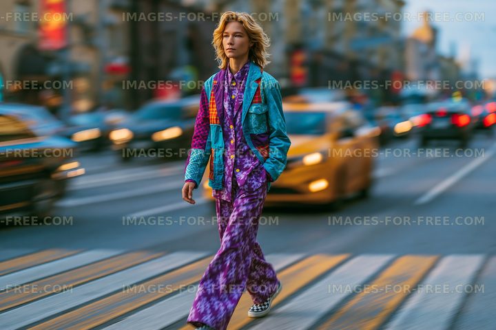 Model walks on street in colorful outfit near traffic