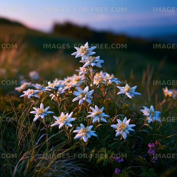 Edelweiss flowers blooming in a field during sunset