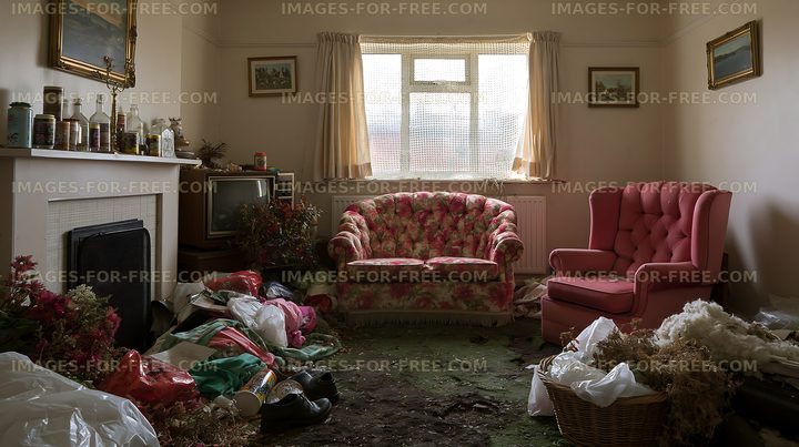 Cluttered living room with worn furniture and scattered items