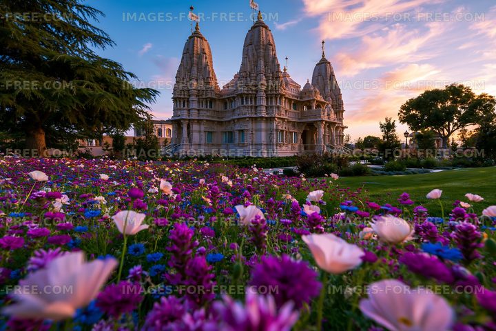 Temple surrounded by colorful flowers at sunset