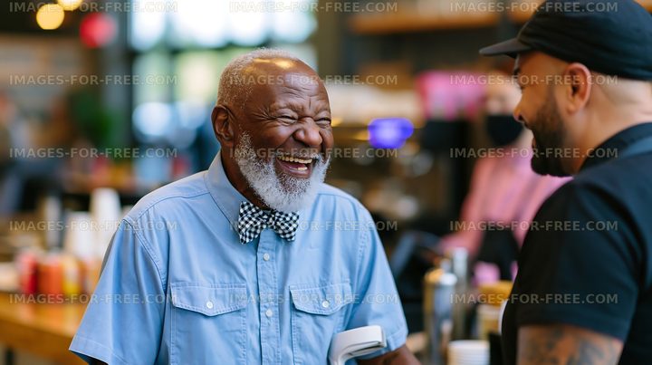 Two men talking at a cafe with smiles in a lively setting