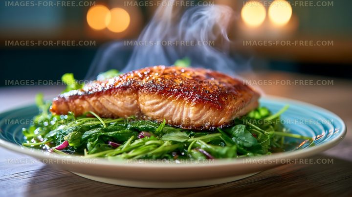 Grilled salmon served on a bed of fresh greens with steam rising
