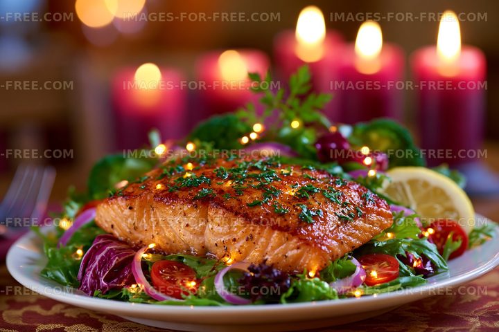 Grilled salmon served on a plate with salad and candles