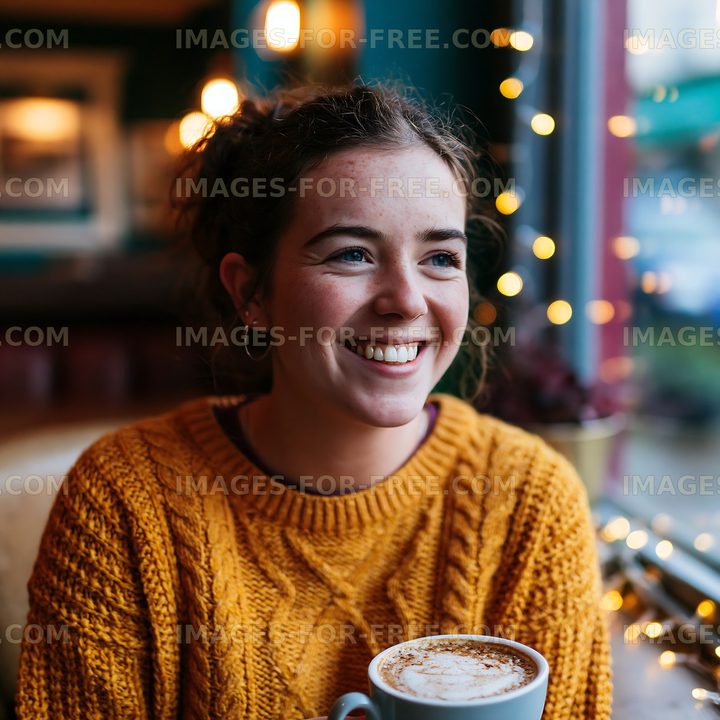 Woman enjoying coffee in cozy cafe with lights in evening