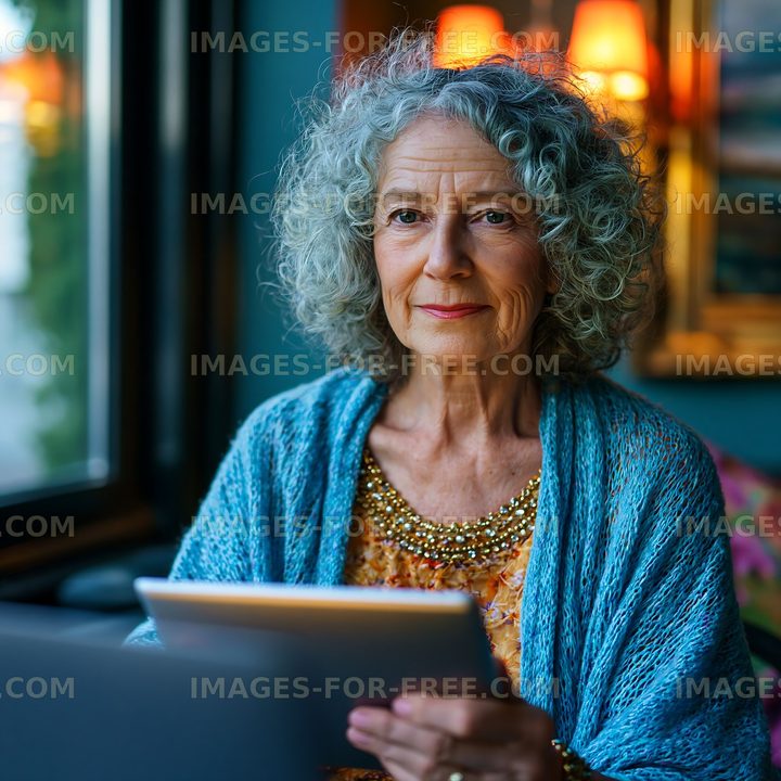 Older woman sitting in a cozy room holding a tablet