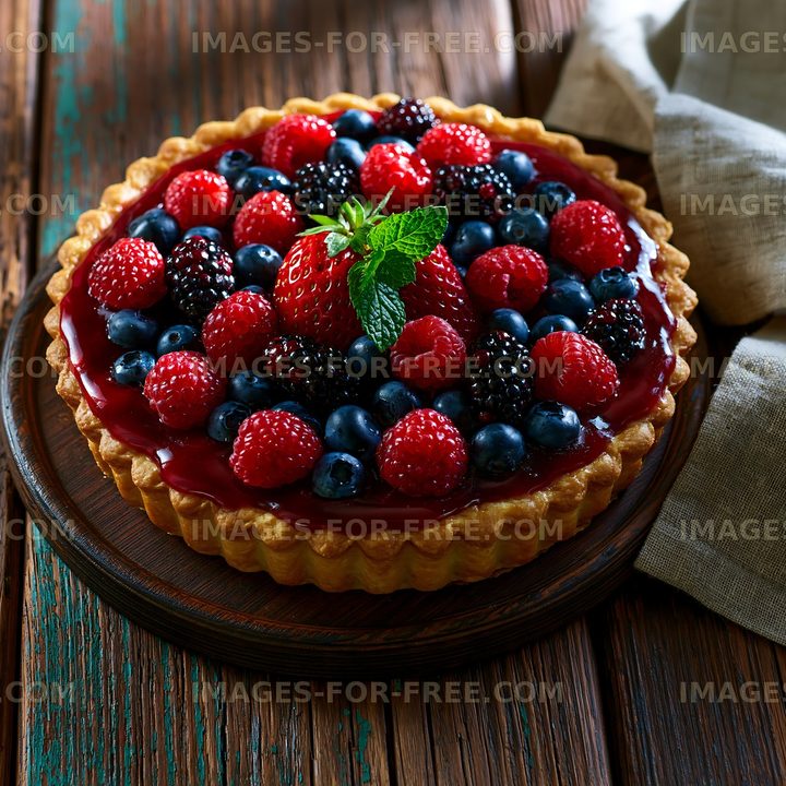 Berry tart with fresh fruits on wooden table