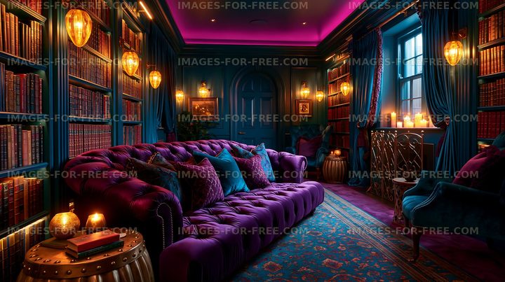 Cozy library with purple decor and bookshelves