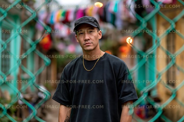 Young man standing near a fence in an urban setting