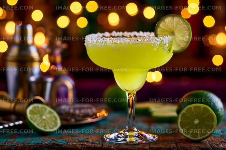 Colorful margarita glass with lime and salt on bar counter