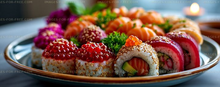 Sushi platter featuring assorted rolls and sashimi on a table