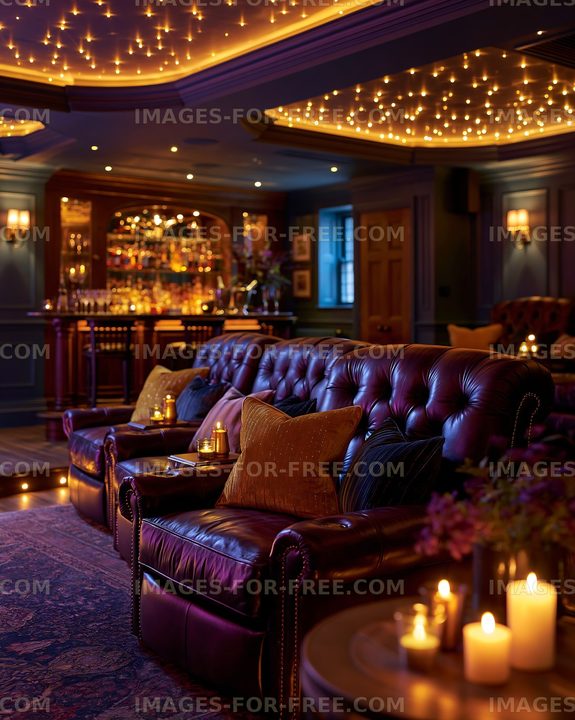 Cozy lounge with leather seating and soft lighting in a bar