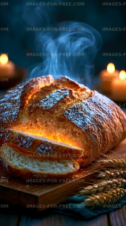 Freshly baked bread with steam rising in a cozy setting