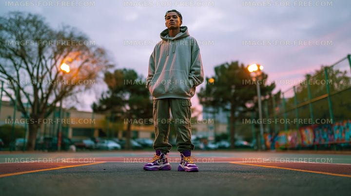 Person standing in a basketball court wearing a hoodie and sneakers