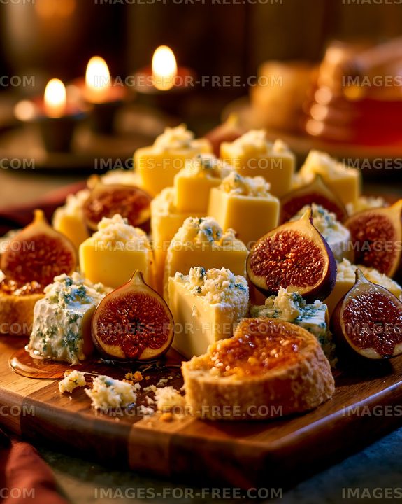 Cheese and fig platter with honey on a wooden board