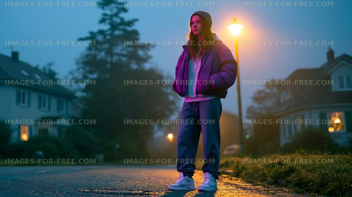 Woman standing on a quiet street in foggy evening light