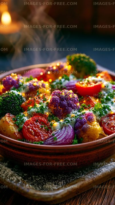 Colorful roasted vegetables in a serving bowl