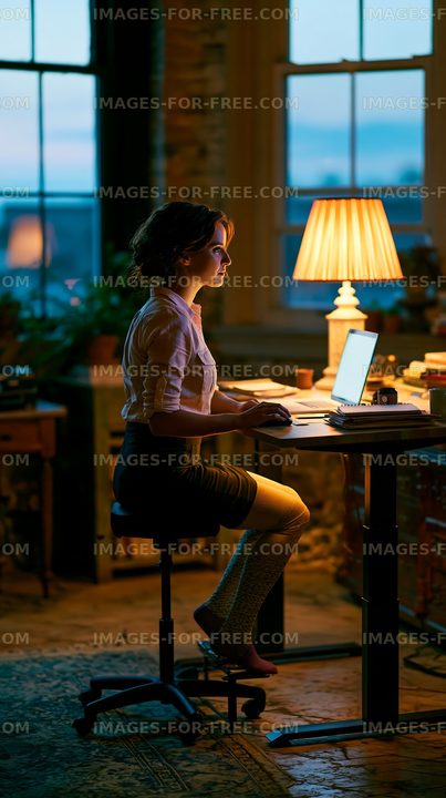 Evening work session at home with laptop and warm lighting