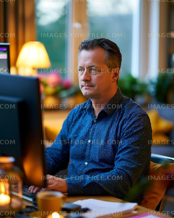 Man working at a desk with a computer in a well-lit room
