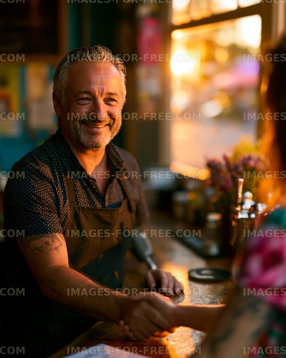 Barista shakes hands with customer at cafe during sunset
