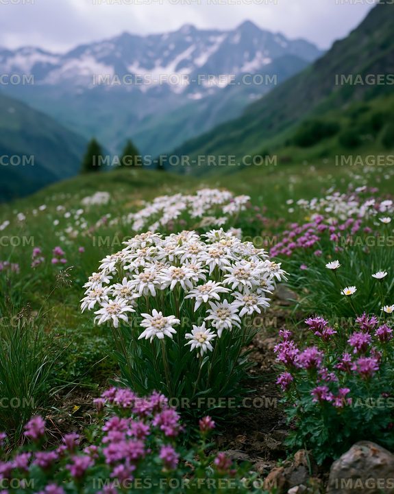 Flowers bloom on a mountain slope with snow-capped peaks in view
