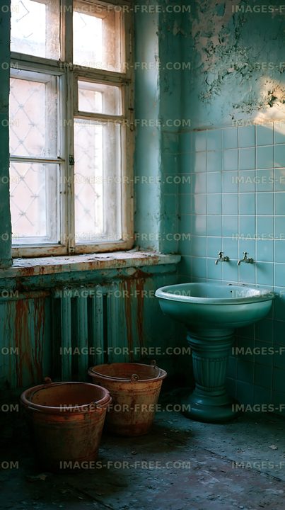 Old bathroom with blue tiles and rustic buckets