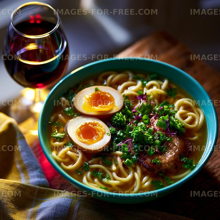 Warm bowl of ramen with soft boiled egg and glass of red wine