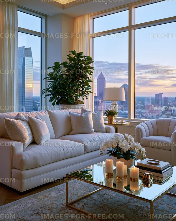 Modern living room with a city view at sunset