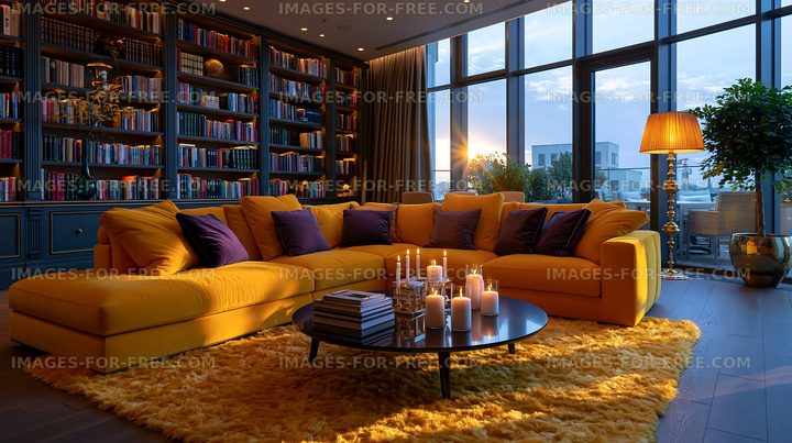 Cozy living room with yellow sofa and a view of the city