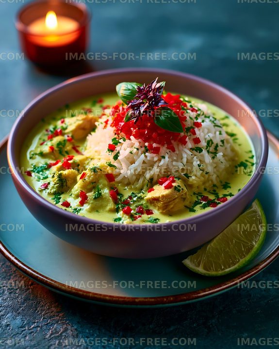 Colorful rice dish with chicken and herbs in a bowl