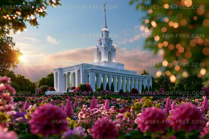 Beautiful temple surrounded by flowers in sunset light