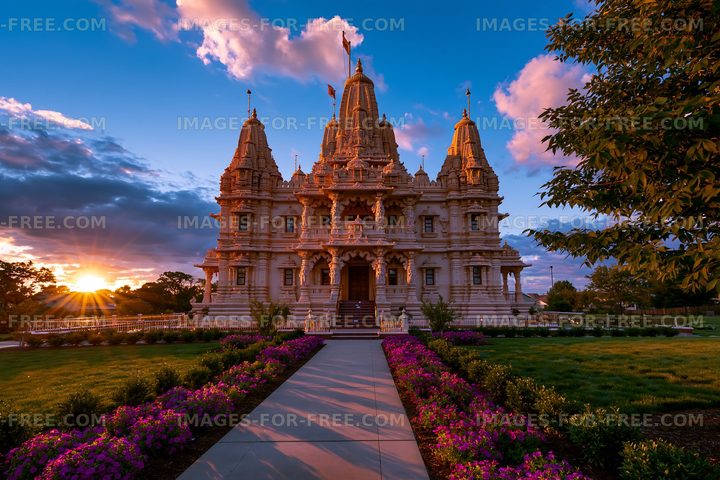 Sunset view of the ornate temple surrounded by colorful flowers