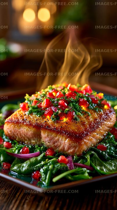 Grilled salmon with fresh vegetables and spices on a plate