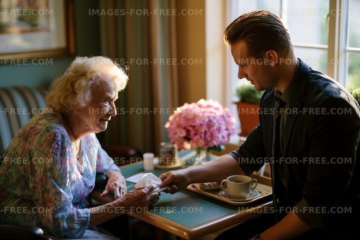 Man serving tissue to elderly woman in cozy indoor setting