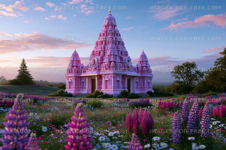 Colorful temple with flowers in the foreground at sunset