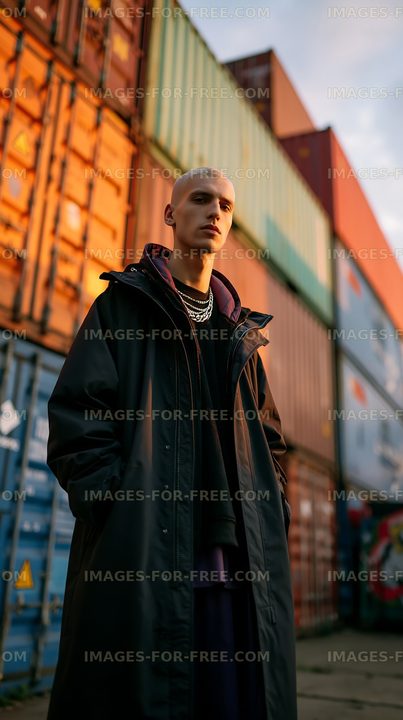 Model stands in urban area with shipping containers during sunset