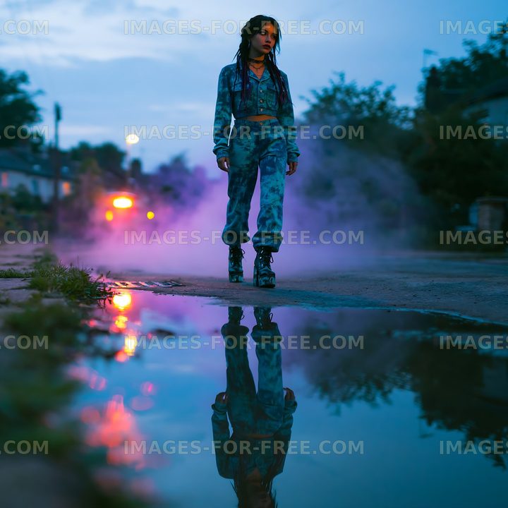 Young person walking in urban street at dusk with reflections