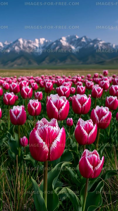 Colorful tulip field with mountains in the background during daylight