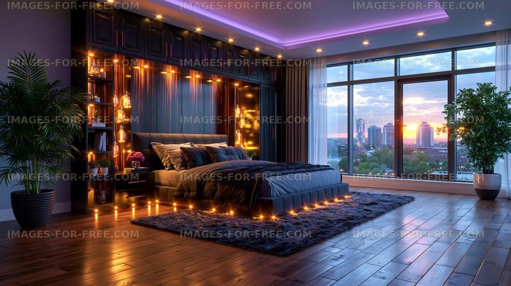 Modern bedroom with city view at sunset