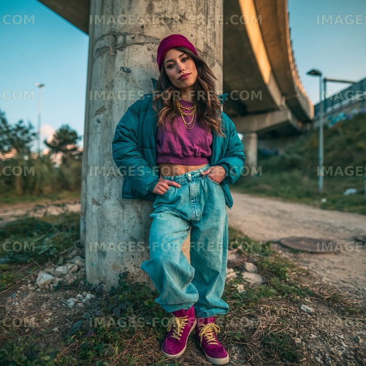 Stylish woman poses near urban area under elevated road